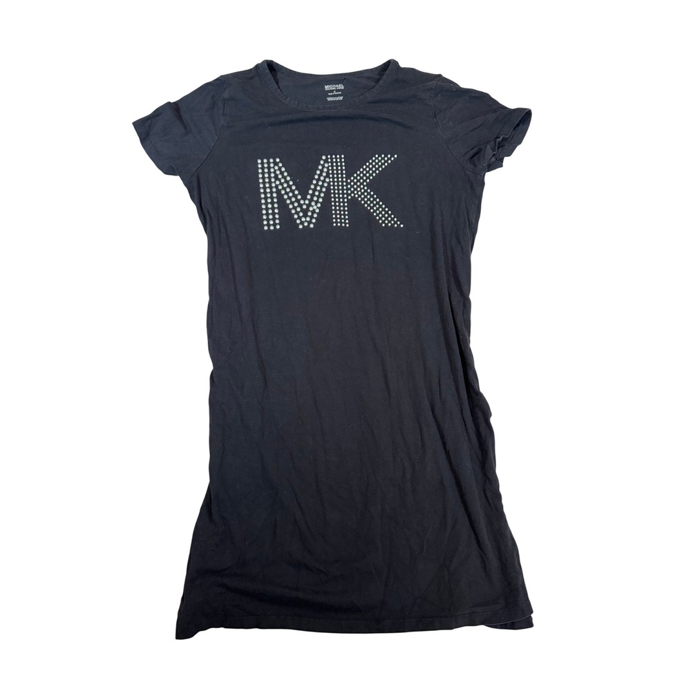 Michael Kors Studded MK Logo T-Shirt Dress M Black Silver Embellished